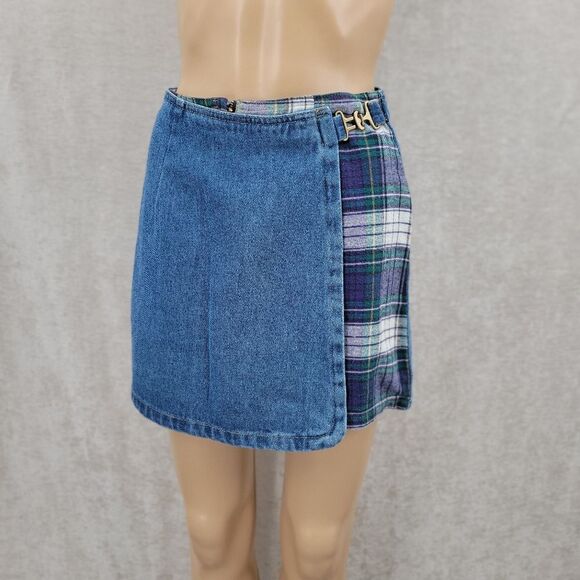 Not Guilty Vintage 90s Denim and Green Plaid Mini Skort Shorts + Skirt Grunge - Picture 1 of 13